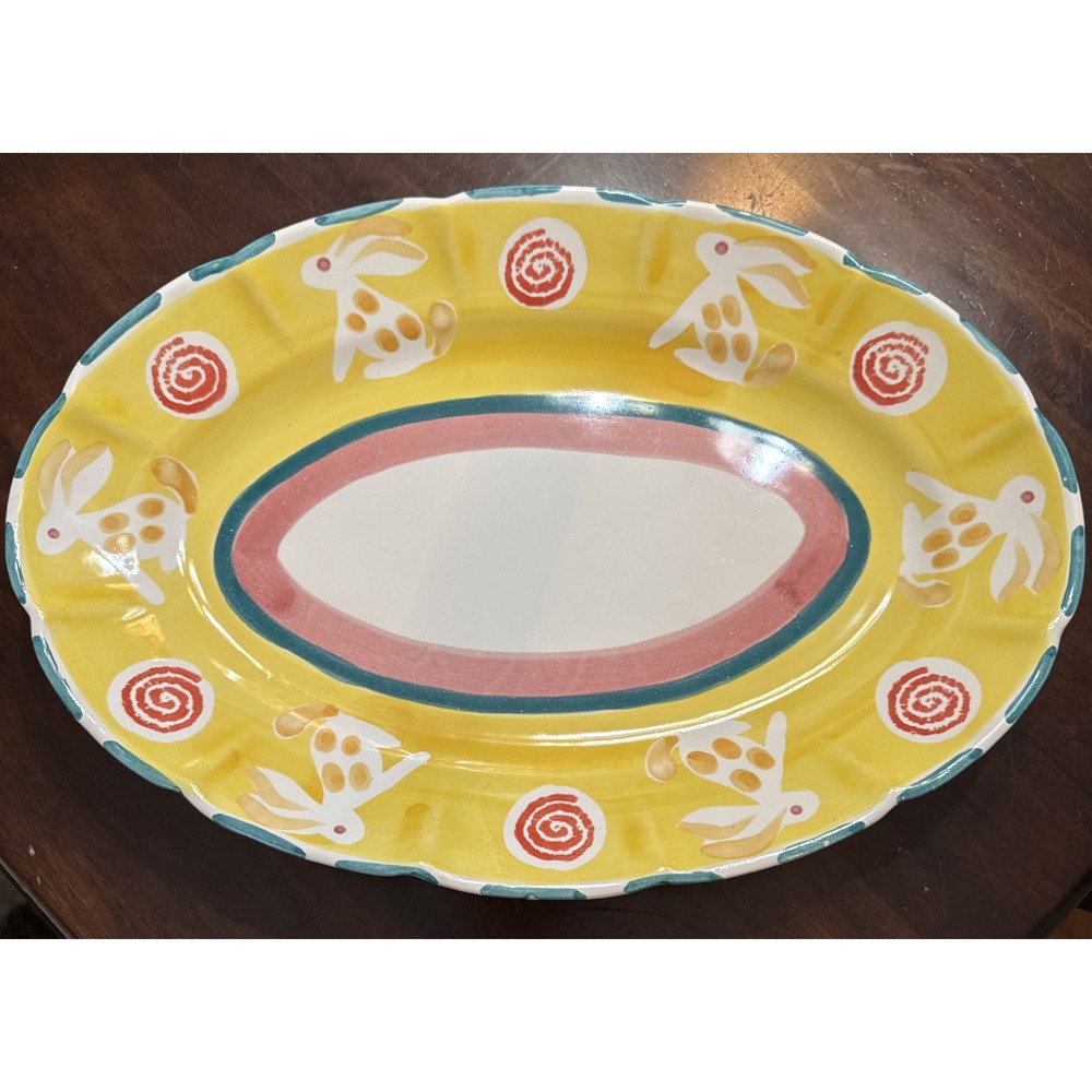 Ceramic Arte Bello Serving Platter Folk Art Mexico Bunny Rabbit Yellow Vtg Large